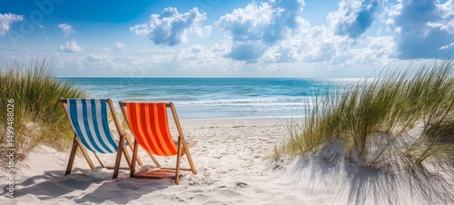 Fototapeta Naklejka Na Ścianę i Meble -  Landscape summer vacation holiday travel ocean north sea beach dune background banner panorama - Wooden sun loungers, deck chair, lounge chair on the sand, blue sky and sunshine
