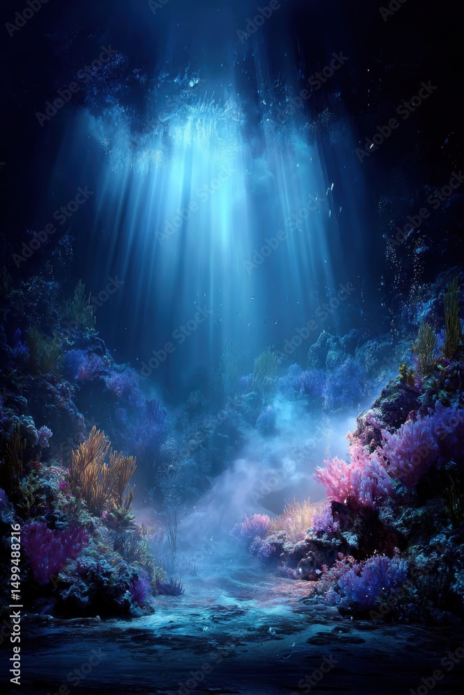 Obraz premium Underwater Coral Reef Scene with Sun Rays, Deep Ocean Floor, Low Angle View, Marine Ecosystem, Fantasy