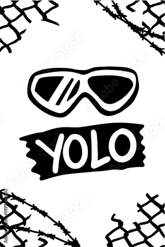 Stylish black sunglasses illustration with bold “YOLO” text beneath on white background. Perfect for trendy, urban, youth culture, streetwear, and creative design projects.