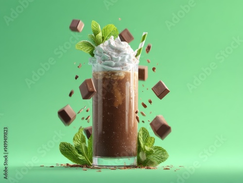 Mint chocolate chip milkshake with whipped cream and chocolate pieces studio shot on green background refreshing summer treat