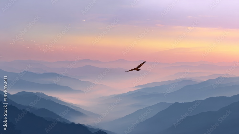Fototapeta premium Eagle soars over misty mountain range at dawn aerial view nature landscape scenic flight freedom