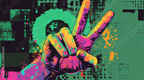 Colorful painted hand showing peace sign on green background with abstract splatter and checker pattern, vibrant pop art gesture for youth culture, protest visuals, social media posters, or music fest