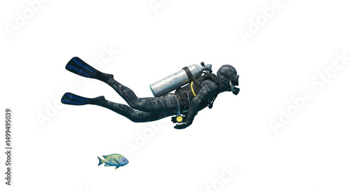 Isolated Scuba Diver Underwater with Tropical Fish