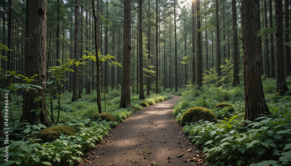 Obraz premium Serene forest trail surrounded by tall trees and lush greenery, inviting exploration and connection with nature