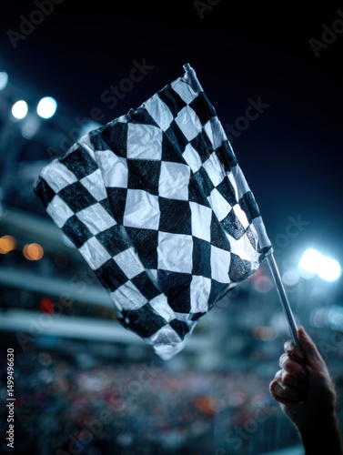 Waving checkered flag at racetrack with crowd celebrating victory in night race close up action shot