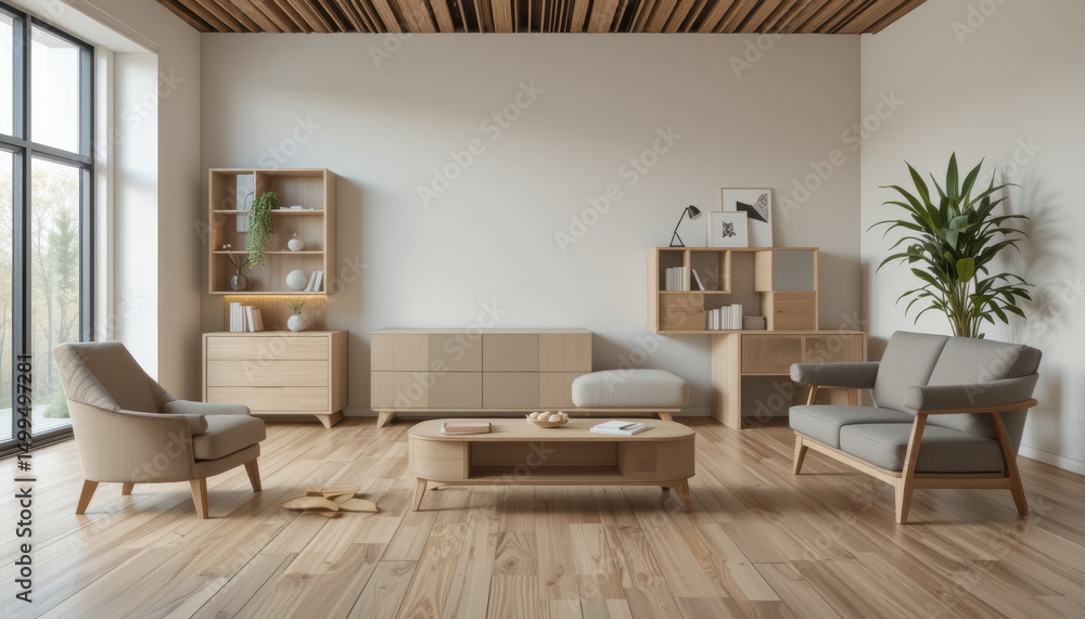 Fototapeta premium Modern modular furniture creates warm and inviting atmosphere in spacious living room with wooden floors and natural light