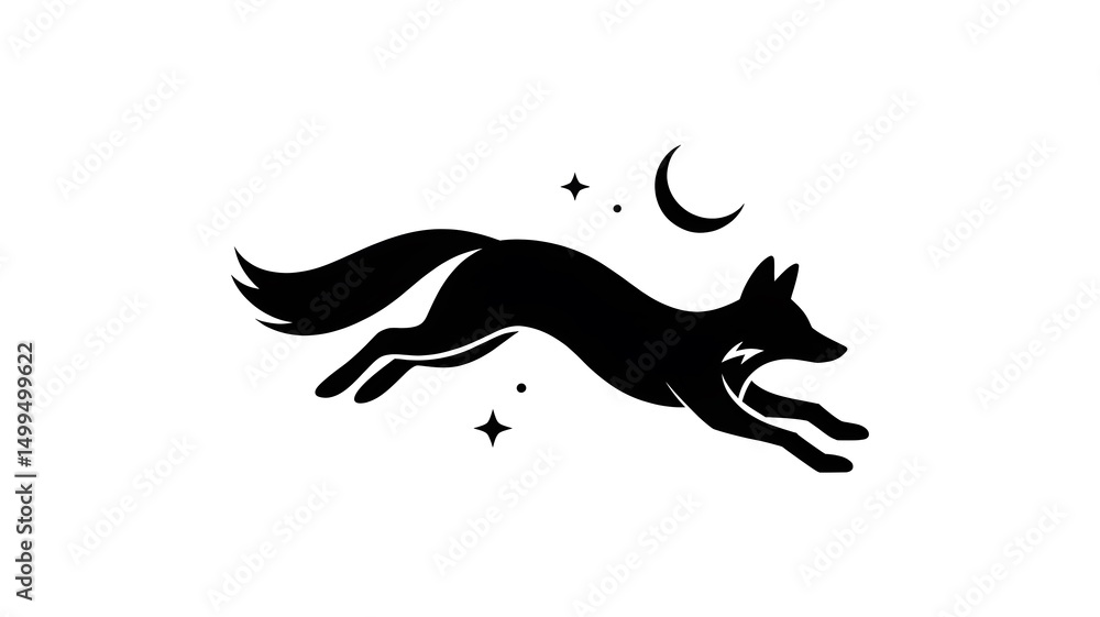 Obraz premium Black silhouette of a fox leaping gracefully under a crescent moon and twinkling stars against a pristine white background evokes nature and mystery.
