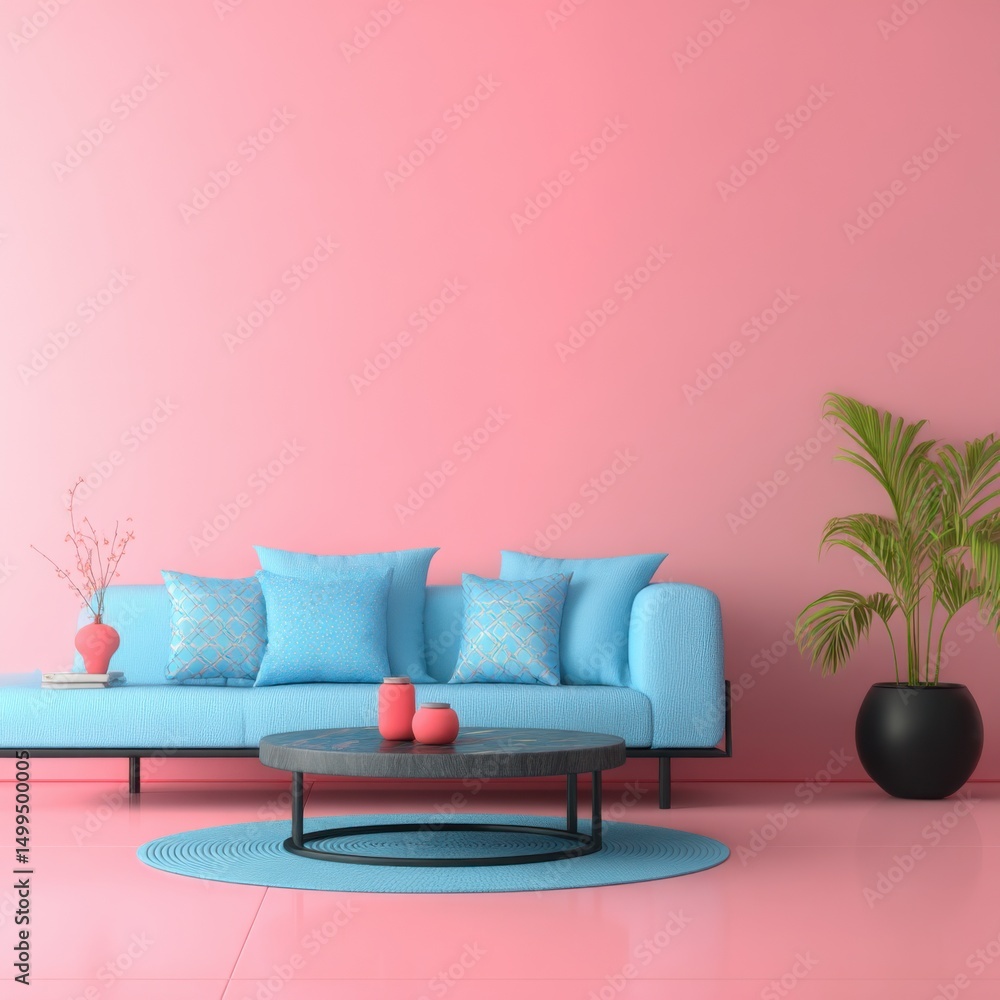 Stylish living room interior design featuring a light blue sofa against a pink wall in a modern home setting Stylish living room interior design featuring a light blue sofa against a pink wall in a modern home setting