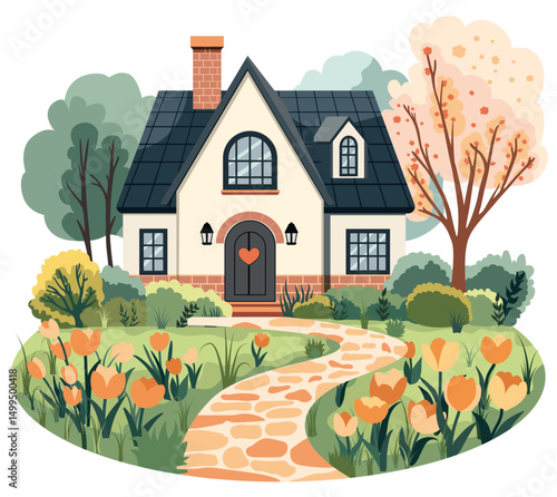 Flat vector illustration of a rural house with tulips and garden path, cute spring day atmosphere