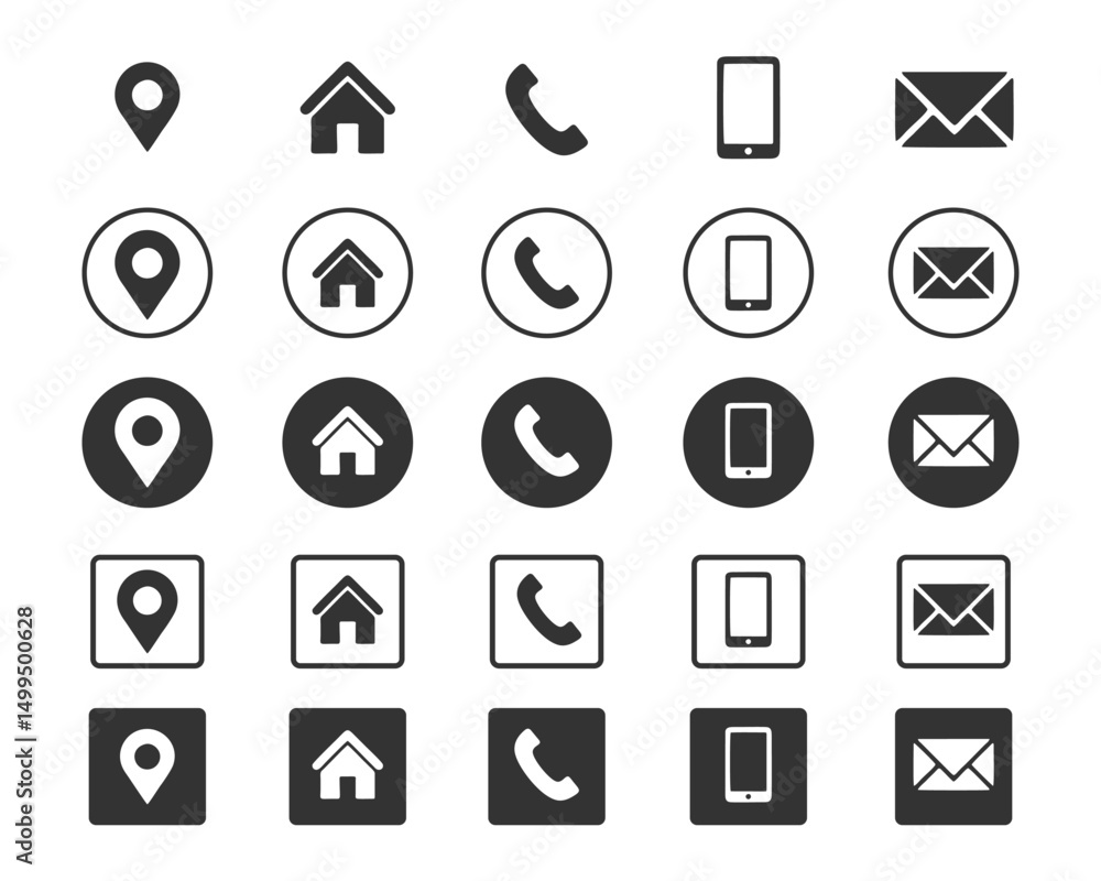 Business icon for company connection set in different style. Name, phone, mobile, place, location, mail, website and message card sign. Business icon for company connection set in different style. Name, phone, mobile, place, location, mail, website and message card sign.