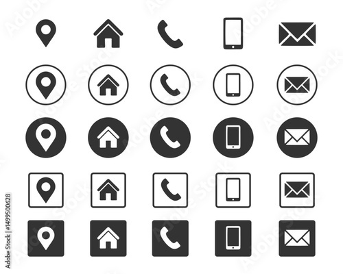 Business icon for company connection set in different style. Name, phone, mobile, place, location, mail, website and message card sign.