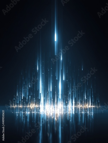 Abstract light streaks rising from surface with reflections digital art style in dark blue background