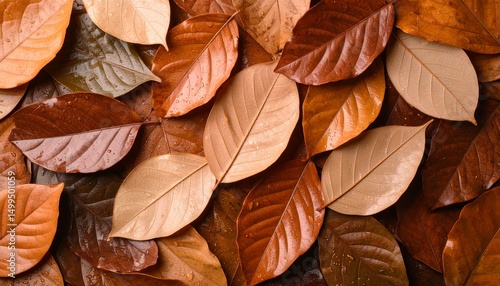 Variety of Brown and Tan Wet Leaves Layered in Fall Season Texture