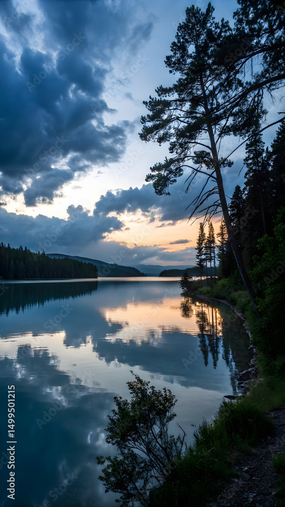 Title: Serene Lakeside Sunset with Dramatic Cloud Reflections and Towering Pine Trees Title: Serene Lakeside Sunset with Dramatic Cloud Reflections and Towering Pine Trees