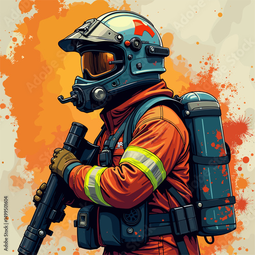 Civil Defense Hero: Vector Portrait of a Dedicated Civil Servant Amidst Urban Street Art. Bold Lines, Vibrant Colors, and Dynamic Composition Embodying Energy and Action. Ideal for World Civil Defence