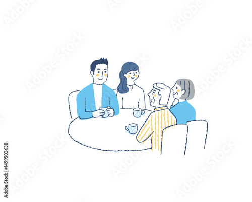テーブルを囲んで話をしている4人