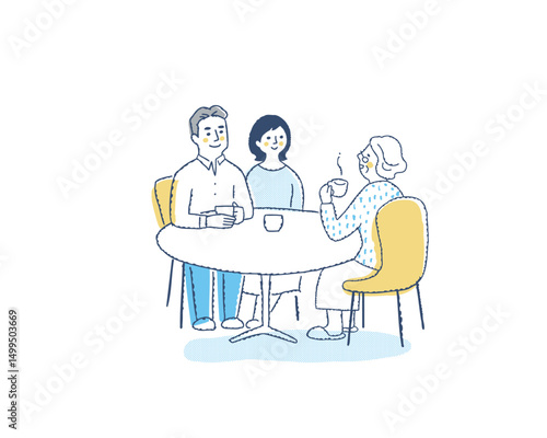 テーブルを囲んで話をしている3人