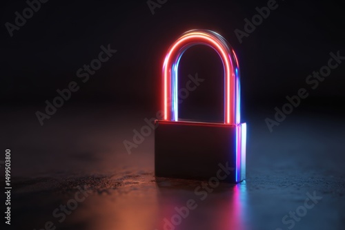 Futuristic Neon Padlock Security Concept on Dark Surface Cyberpunk Style Digital Illustration
