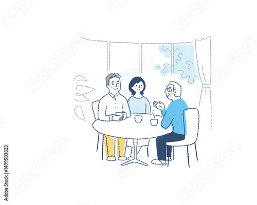 テーブルを囲んで話をしている3人