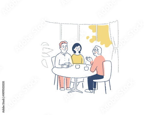 テーブルを囲んで話をしている3人