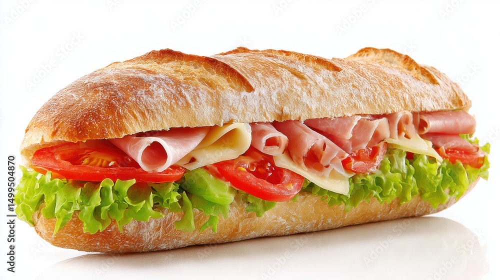 Delicious Sub Sandwich with Ham Cheese Lettuce and Tomato on White Background Studio Shot Delicious Sub Sandwich with Ham Cheese Lettuce and Tomato on White Background Studio Shot