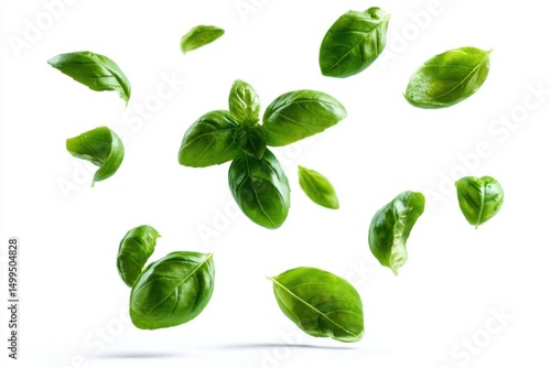 Fresh Basil Leaves Floating Midair on White Background Studio Shot Ingredient Herb Culinary