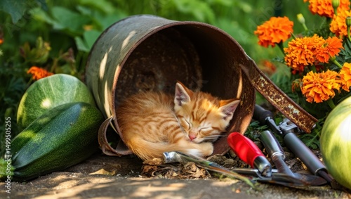 Fototapeta Naklejka Na Ścianę i Meble -  Orange kitten sleeping inside overturned garden bucket surrounded by vegetables, flowers, and tools, peaceful countryside scene for gardening blogs, pet content, rural lifestyle and seasonal visuals