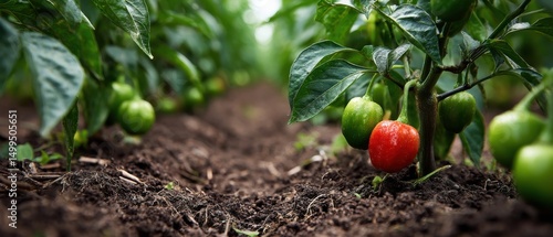 Pepper plant growing in field low angle close up showing ripening red fruit with green peppers and leaves in organic farm