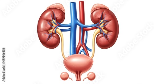 Human Urinary System Anatomy Illustration: Kidneys, Ureters, Bladder, Urethra - Medical Diagram, Detailed Anatomical Artwork