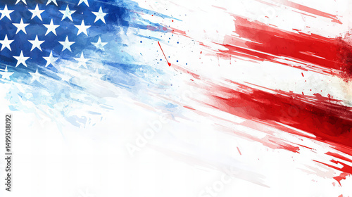 Grunge style American flag background with red blue white paint splashes and star elements for patriotic holidays like Fourth of July and Memorial Day

