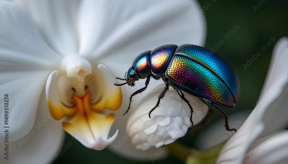 Fototapeta premium Title: Metallic Iridescent Beetle Resting on a White Flower with Vibrant Yellow Center