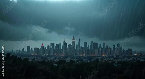 Dark Rainy Day Over Cityscape Silhouette with Moody Skyline