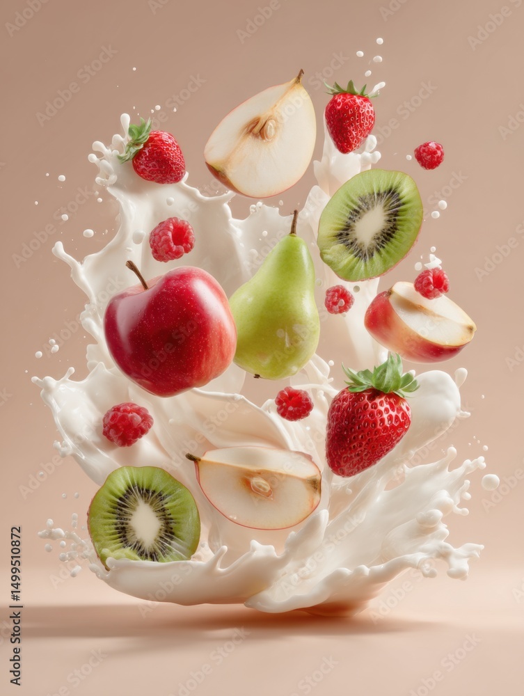 Assorted Fruits Splash in Milk Still Life High Angle Close Up Apple Pear Kiwi Strawberry Raspberry Beige Background Assorted Fruits Splash in Milk Still Life High Angle Close Up Apple Pear Kiwi Strawberry Raspberry Beige Background