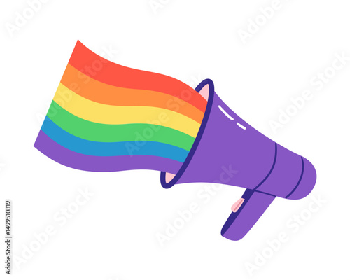 Colorful megaphone emits bright rainbow waves. Hand drawn vector illustration.