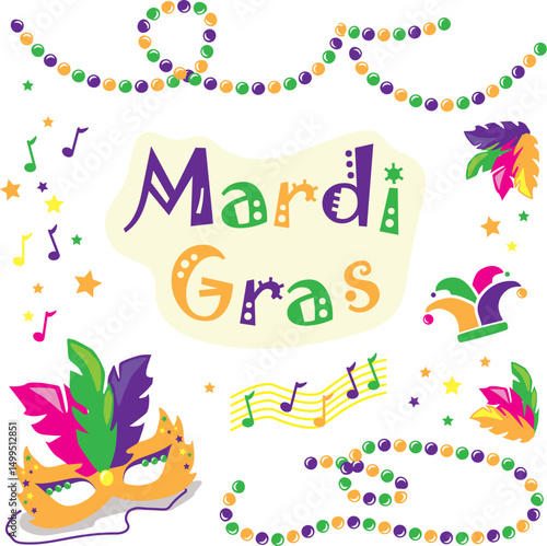 Print Colorful Mardi Gras vector illustration with carnival mask, beads, jester hat, feathers, and festive music notes clipart