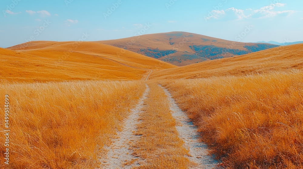 Fototapeta premium Golden Path Through Rolling Hills: A Tranquil Rural Landscape Retreat