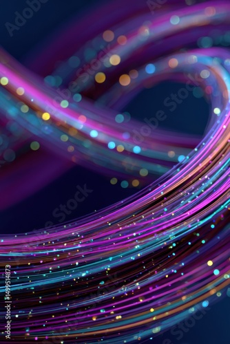 Abstract flow of glowing lines with bokeh lights in purple teal and gold close up studio shot