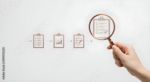 A person's hand holding a magnifying glass over a check list that's next to other charts and graphs 