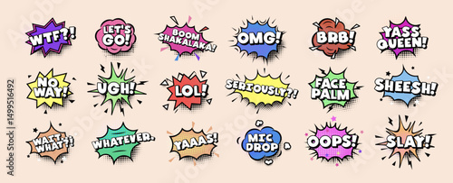 Comic speech bubbles with modern slang words and pop art style. Funny colorful retro expressions for memes, messages, emoji reactions, design stickers. Vector illustration.