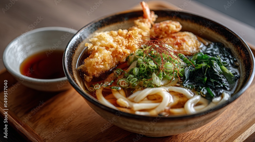 Delicious Udon Noodles with Tempura and Broth in Ceramic Bowl Delicious Udon Noodles with Tempura and Broth in Ceramic Bowl