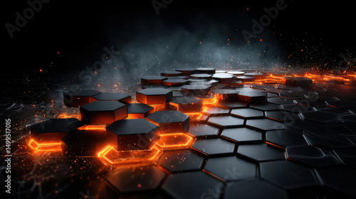 Futuristic carbon fiber hex mesh with glowing red seams