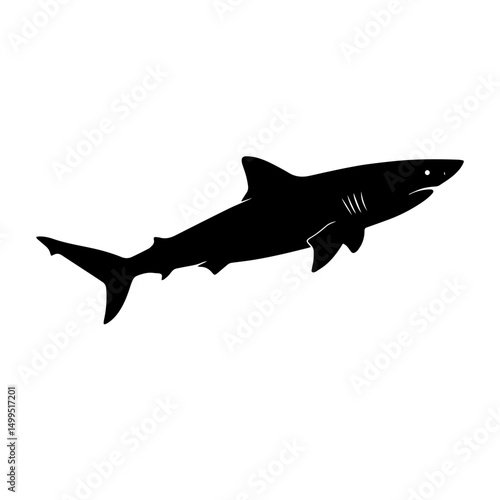 Sleek black shark silhouette swimming with pointed fins and gills