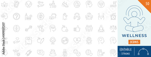 Wellness icon collection. Containing gratitude, herbal medicine, relaxation, spa, mental health, and more. Editable stroke.