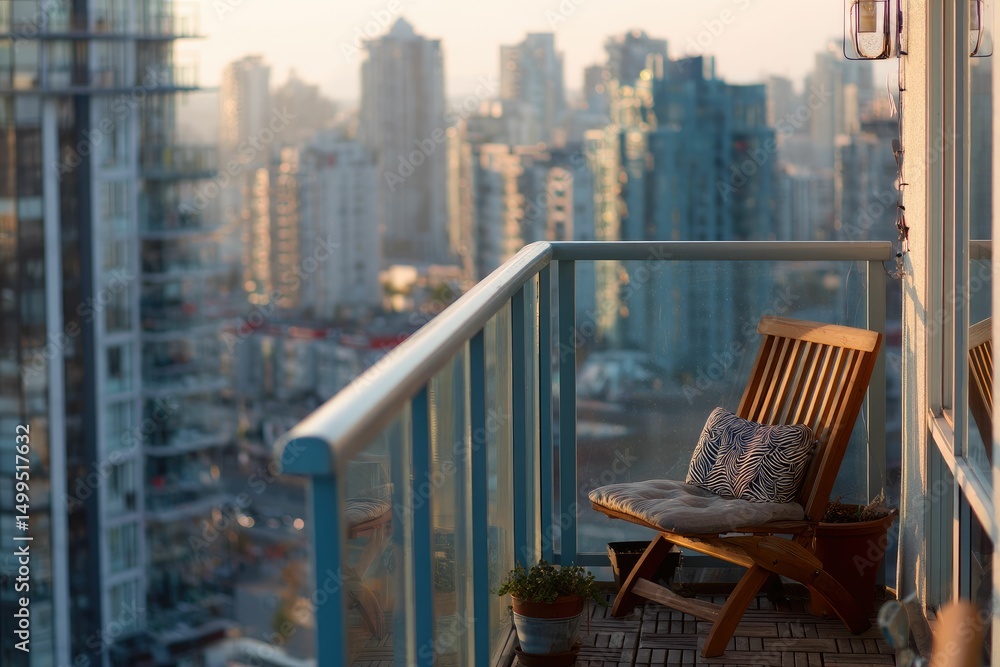 A high-rise apartment balcony with one chair and a view A high-rise apartment balcony with one chair and a view