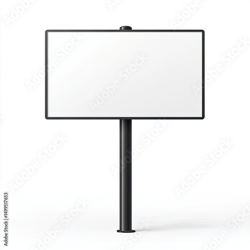 A blank rectangular billboard on a tall, slender black pole, isolated on a white background