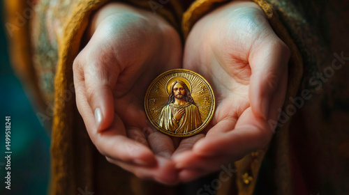 A person holding a golden coin with the image of jesus christ in their cupped hands close up view