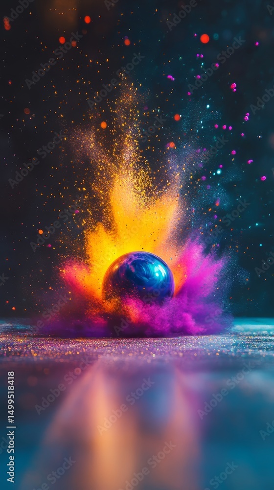 Fototapeta premium A colorful ball is exploding in a blue sky. The explosion is so bright and colorful that it almost looks like a fireworks display. The scene is full of energy and excitement