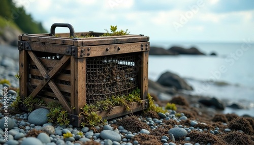 Rustic wooden lobster trap on a rocky shore at low tide, seaweed clinging to its sides , crustacean, beach, underwater