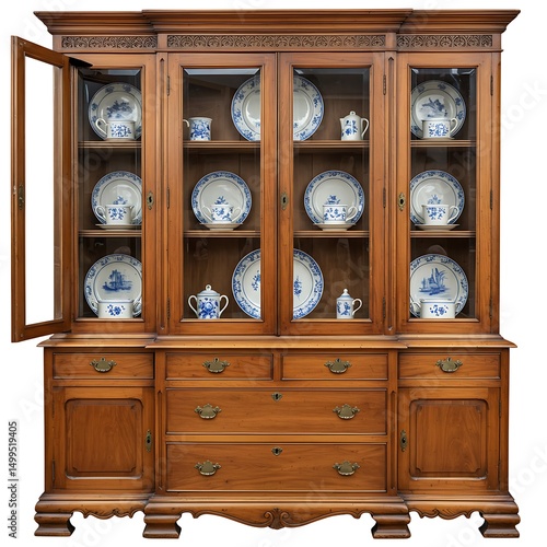 Antique wooden china cabinet displaying blue and white china isolated on white background