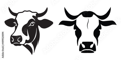 Black and white cow head illustrations in two styles side view and front view, perfect for farm branding, dairy product packaging, agriculture logos, or animal-themed graphic designs and Eid cards.